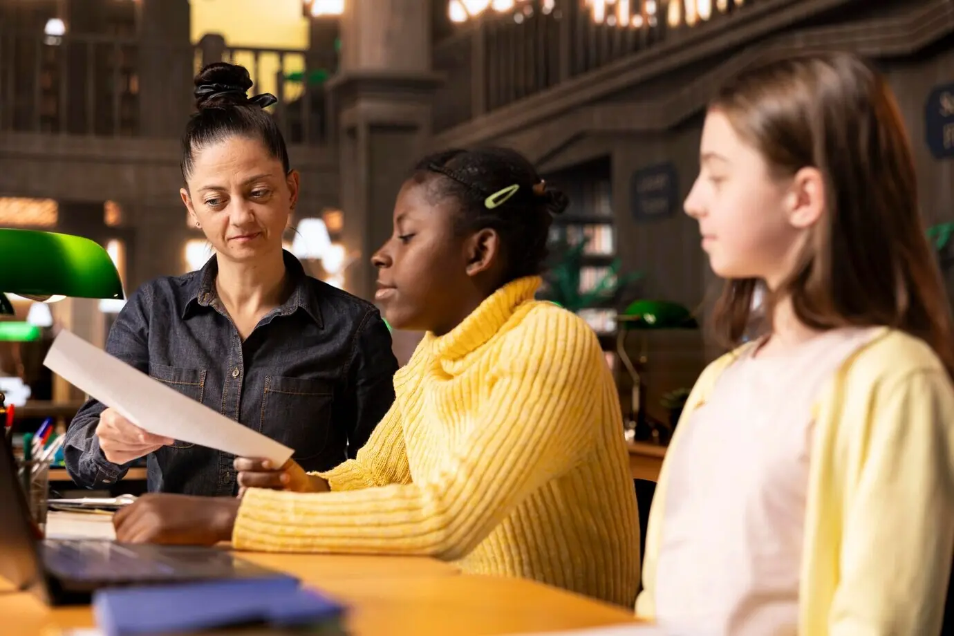 Professor korrigiert die Hausaufgaben während des Privatunterrichts mit Studierenden.